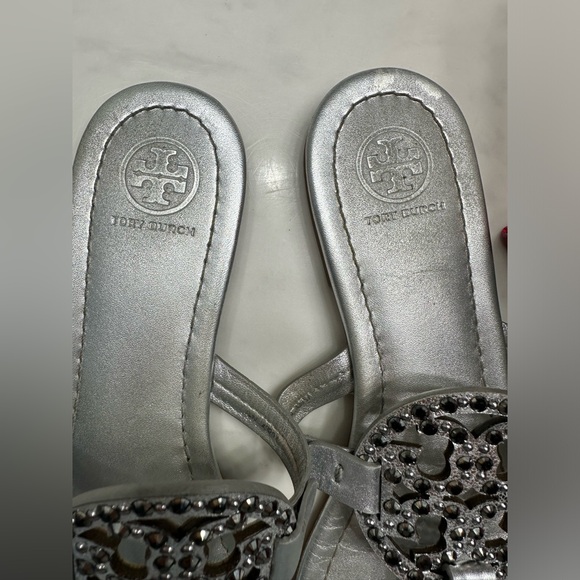 Tory Burch Miller Embellished Sandal-Metallic Suede Veg Leather #8 - Picture 8 of 15